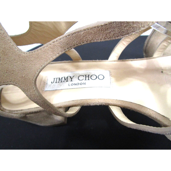 Jimmy Choo Ren 35 Beige Suede Caged Low Heel Sandals Women Sz 40.5 EU/10 US - Picture 9 of 12